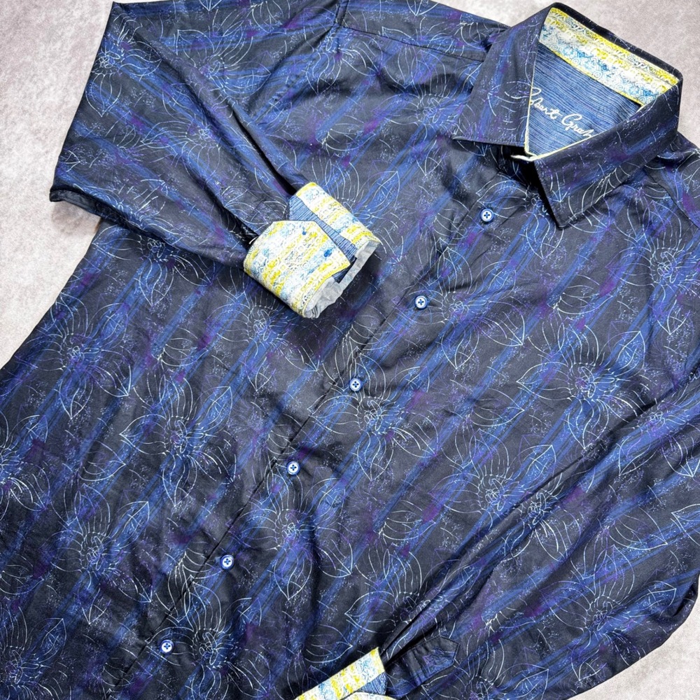 Robert Graham Mens Medium Classic Fit Navy Blue Floral Stripe Button Down Shirt